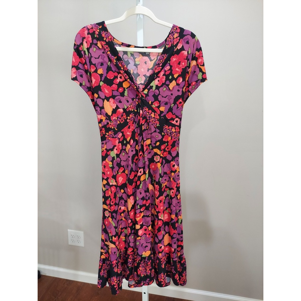 Dark Floral Stretch VNeck Ruffle Hem Dress XL Feminine Twee Office Casual Whimsy